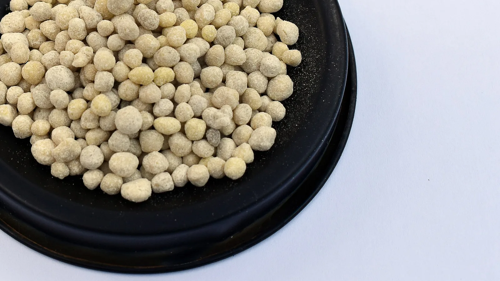 Diammonium phosphate fertilizer granules on an inspection dish