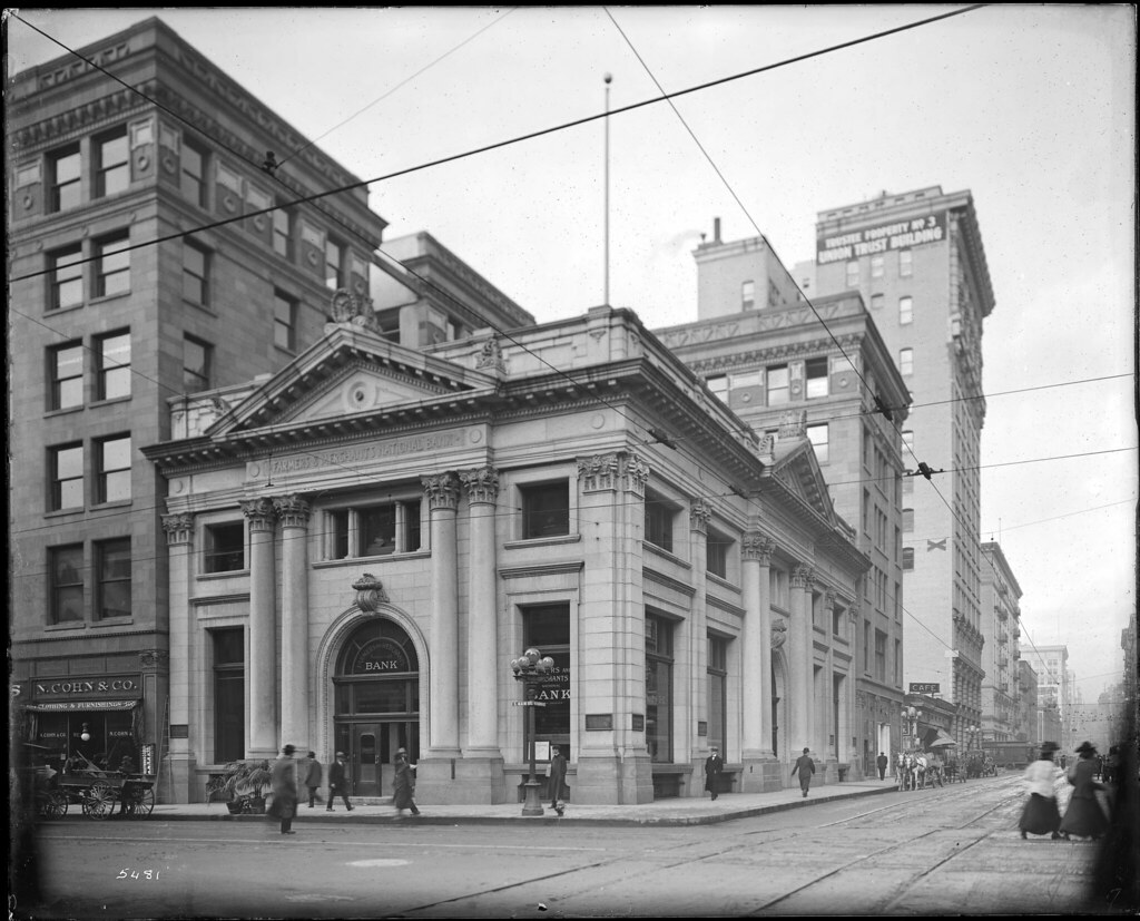 Exterior view of the Farmers and Merchants National Bank, on the corner of Main Street and Fourth Street, ca
